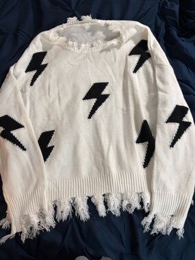 SHEIN White Distressed Lightning Bolt Crewneck Sweater